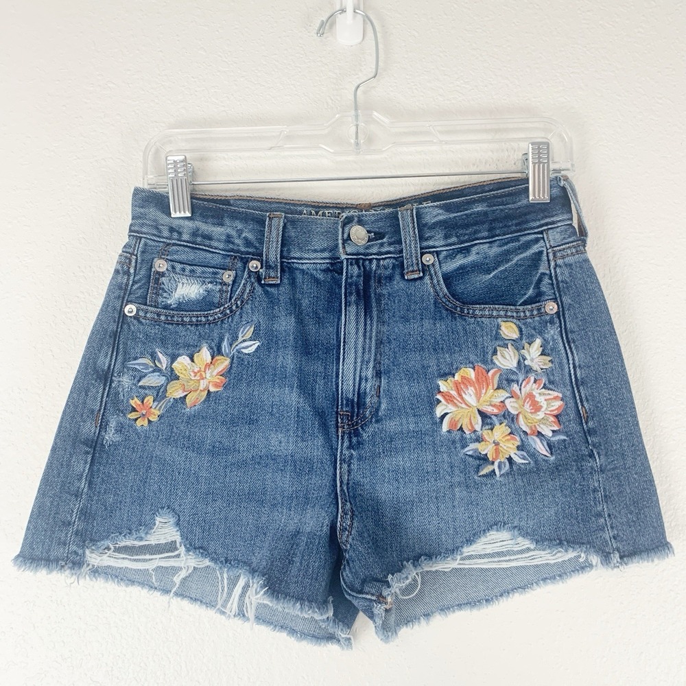 American Eagle Outfitters Floral Embroidered Blue Denim Jean Shorts